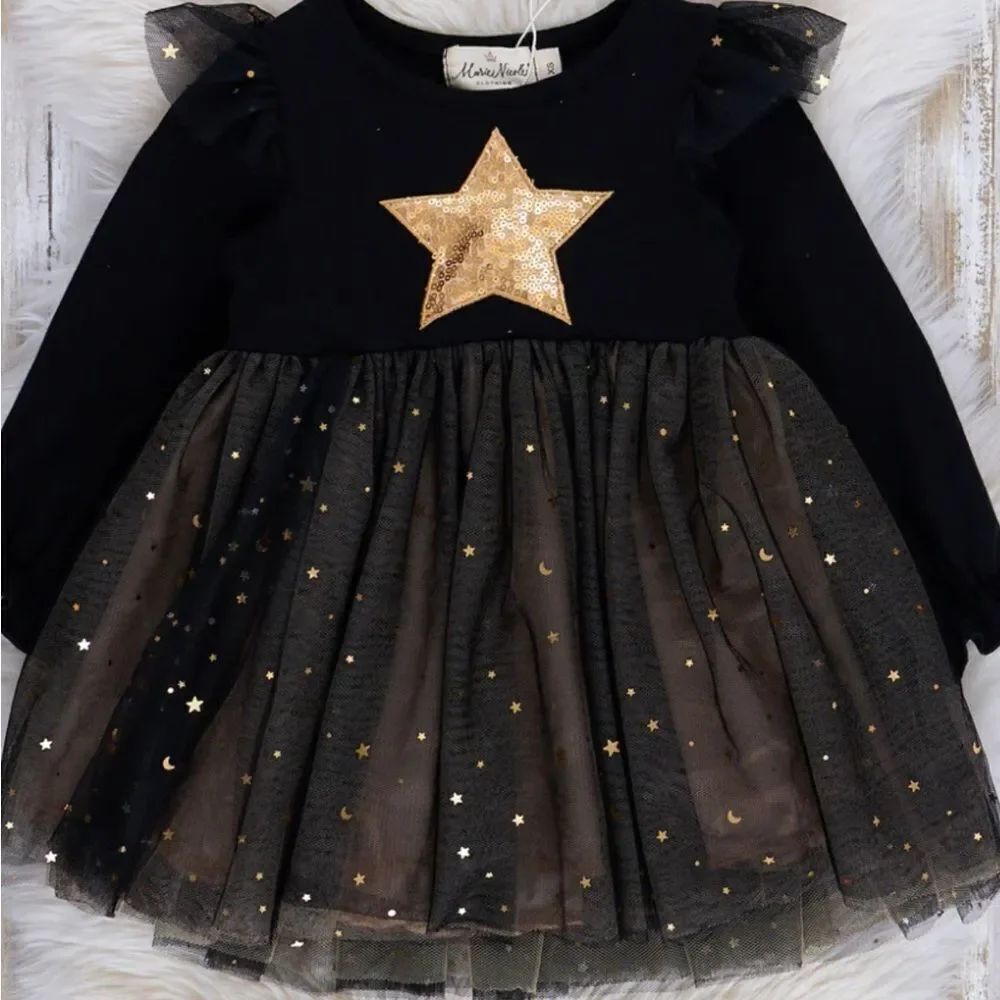 Marie Nicole Black and gold sequins startle twirl onesie dress tulle skirt 18-24